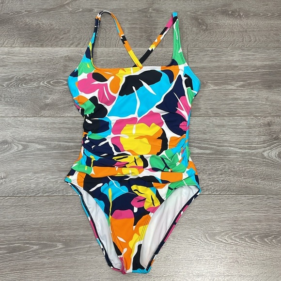 NWOT Nautica One Piece Swimsuit Cross Back Slimming Tropical Print S - Picture 2 of 15